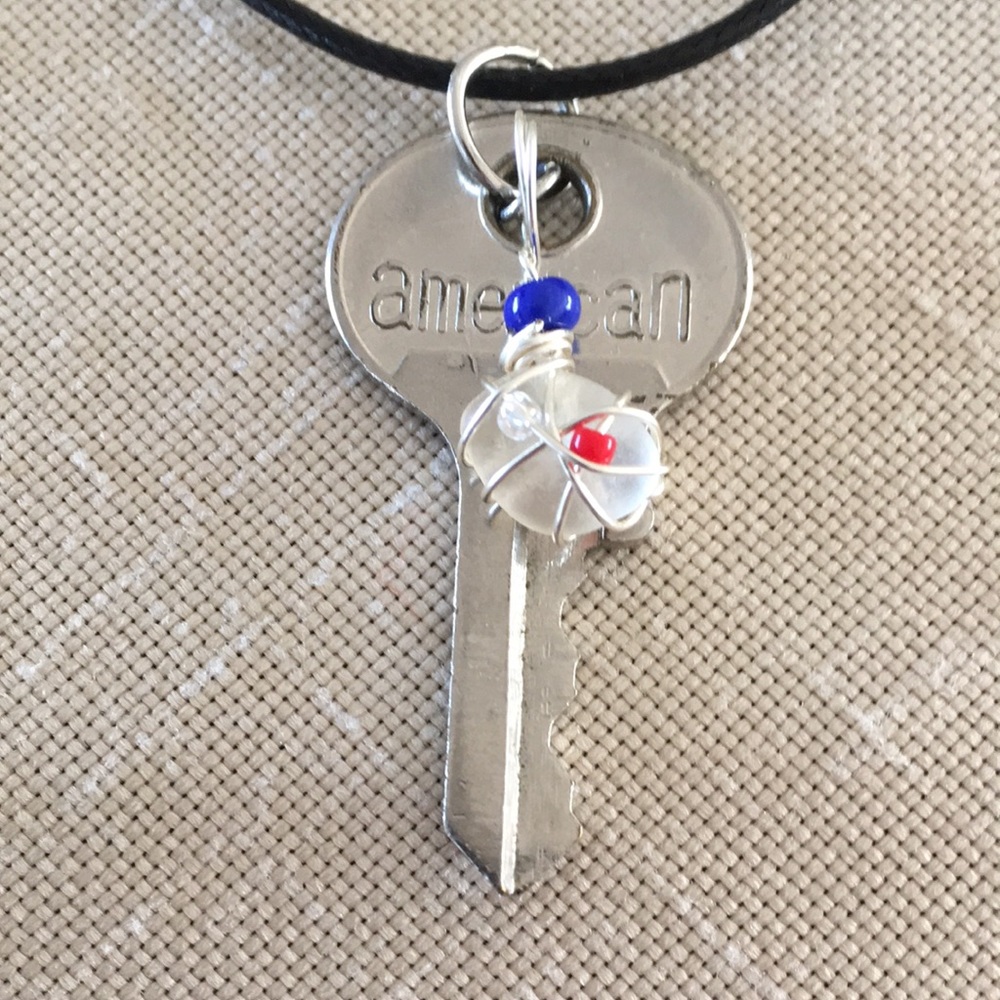 American Themed Key Sea Glass Pendant Necklace